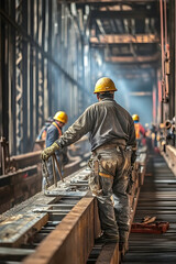 Engineer supervising workers on steel platform  -  