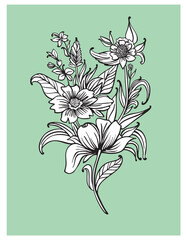 Floral greeting card, Vector illustration of spring flowers and leaves hand drawn.