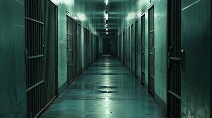 Dark corridor in an abandoned prison with eerie lights illuminating the empty cells at dusk Generative AI
