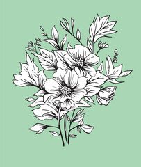 Floral greeting card, Vector illustration of spring flowers and leaves hand drawn.