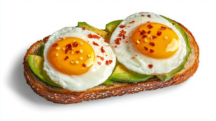 Delicious sliced boiled egg and avocado on toast topped with chili flakes