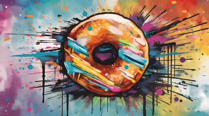 Colorful donut illustration with graffiti style background