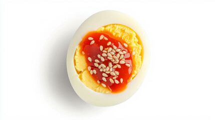 Delicious boiled egg topped with sriracha and sesame seeds for culinary inspiration