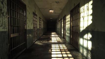 Exploring an abandoned prison corridor filled with shadows and sunlight Generative AI