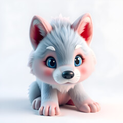 Fototapeta premium Wolf – 3D baby wolf, soft fur, perky ears, round face, pastel blue and pink tones, white background Generative AI