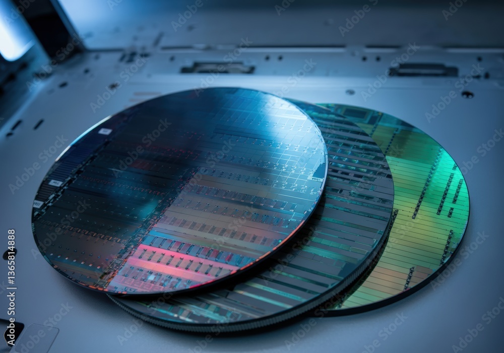 Poster three silicon wafers showcasing intricate patterns and reflections