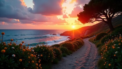 Sunset-kissed coastal path, winding through park, ocean view , vacation, nature, sun