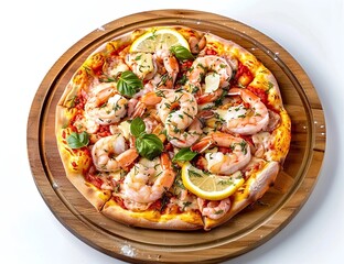 A supplemented shrimp pizza with mozzarella, tomato sauce, and lemon on a wooden plate, isolated on