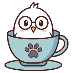 Adorable White Bird Wearing Glasses Sitting Inside Light Blue Cup With Paw Print