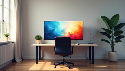 Empty chair facing computer screen in empty room , room, simple, minimal