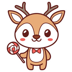 Cartoon Kawaii Deer with Bowtie and Candy, Outlined on Transparent Background