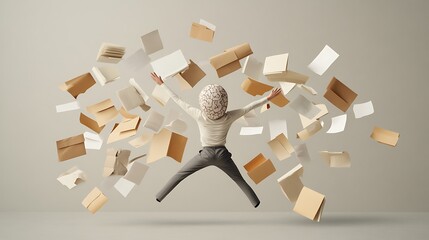 Person jumping papers joyful success achievement