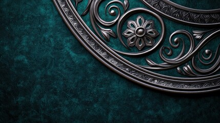 Ornate metallic floral design on a textured teal background, ideal for decorative applications