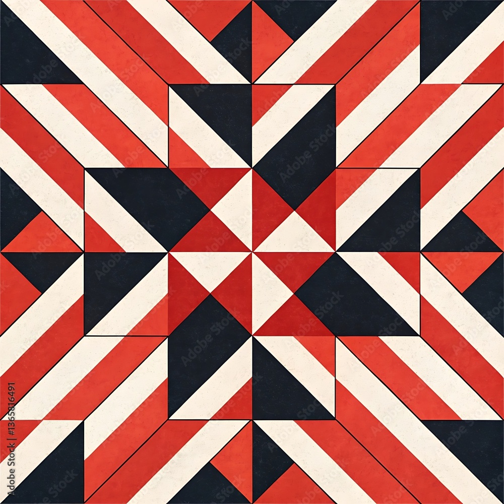 Poster geometric tile pattern with stripes and triangles in red, dark blue, and cream color scheme.
