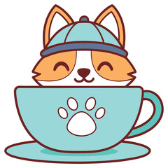 Cartoon Dog in Tea Cup with Paw Print Cute Design, Isolated On White