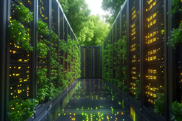 Futuristic, eco-friendly data center featuring towering server racks integrated with lush green plants.