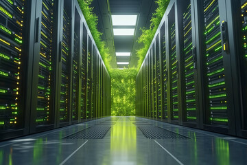 Futuristic, eco-friendly data center featuring towering server racks integrated with lush green plants.