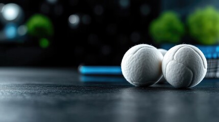 Two tennis balls on a dark surface, with a blurred background