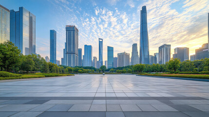 A modern cityscape featuring an expansive square in the foreground, framed by a skyline of contemporary buildings