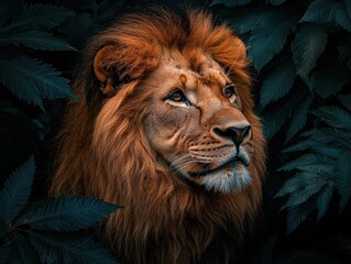 Fototapeta premium Majestic Lion Gazing Through Lush Green Foliage in Nature Setting