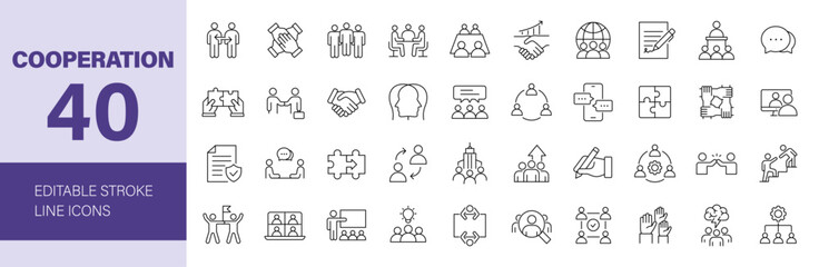 Cooperation icon set. Business related line icons: teamwork, corporation, meeting, partnership, support, society, group, communication, friendship and more. Editable stroke. Vector illustration.