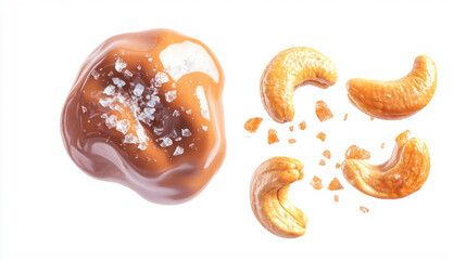 Realistic cashew praline and whole cashews with salted caramel drizzle for gourmet dessert art