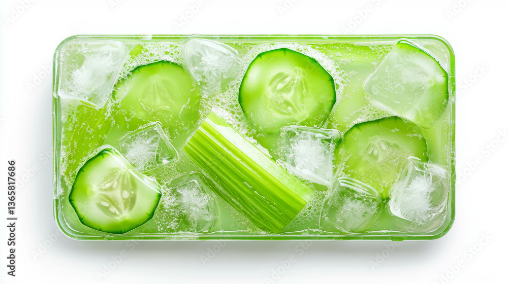 Poster refreshing celery juice with cucumber slices and ice cubes for healthy living