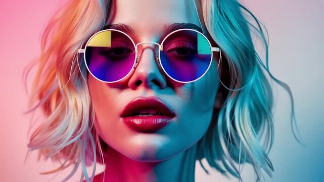 A fashionable young woman sporting blonde hair and trendy round sunglasses poses confidently against a vibrant colorful gradient background, showcasing her stylish personality and modern aesthetic.