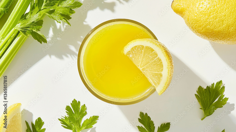Poster fresh celery and lemon juice with garnish on white background for healthy eating and refreshment con