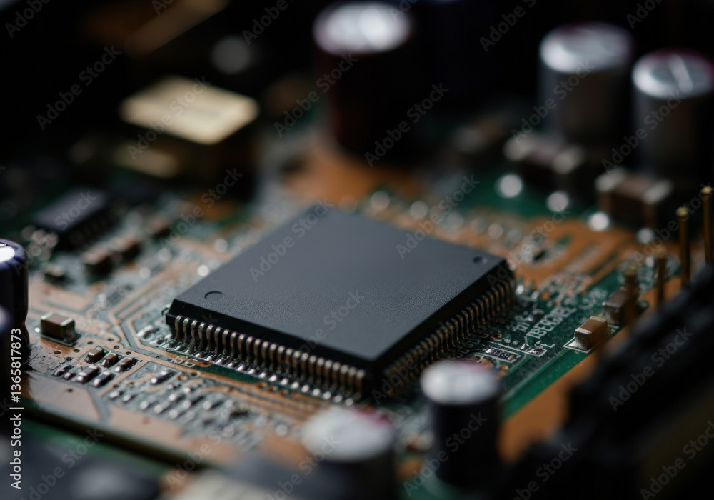 Poster close-up of a microchip on a circuit board showcasing intricate details
