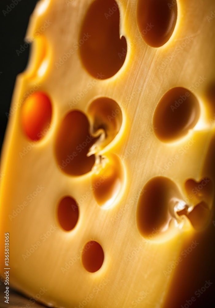 Poster close-up of a block of cheese with distinctive holes and texture