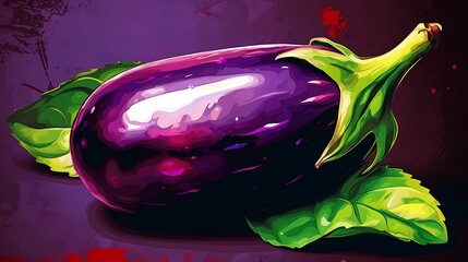 Close up of a glossy purple eggplant with green leaves.