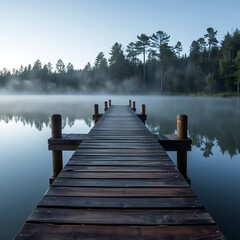 Misty Lake Dock Serene Reflection Peaceful Morning
