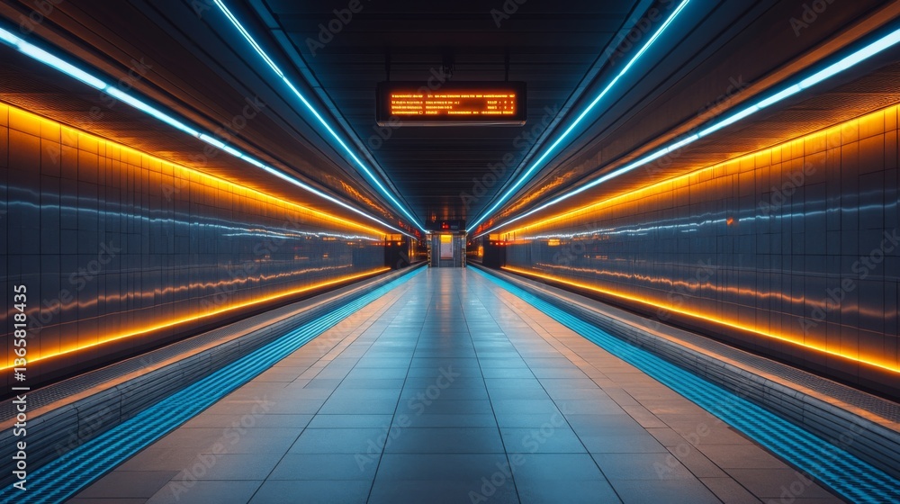 Aufkleber a subway platform features vibrant blue and orange lights illuminating the tiled walls and floor. th