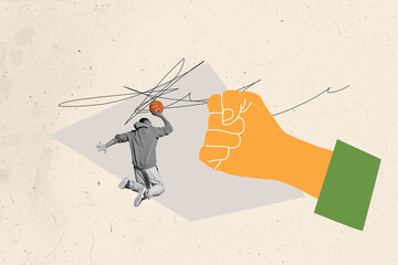 Composite 3D collage trend artwork template design of gesture showing body language hand fist young...