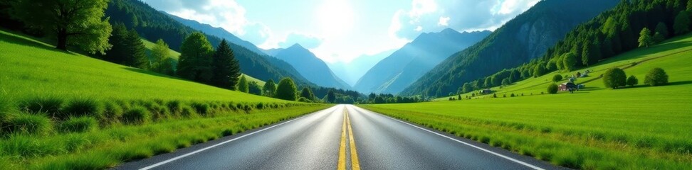 Naklejka premium Asphalt road cuts through verdant valley, mountains in distance , sky, beautiful