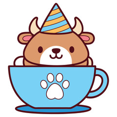 Cartoon Cow in Blue Cup with Party Hat and Paw Print
