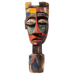 Vibrant Hand-Carved Wooden Mask with Transparent Background