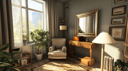 Sunlit corner of a living room with armchair, plants, and antique furniture.
