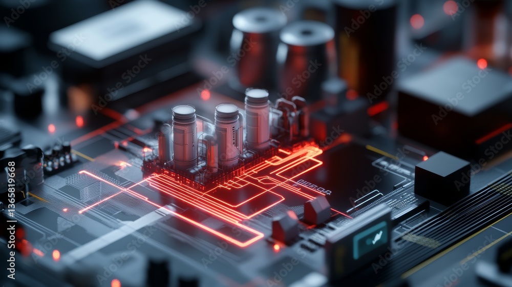 Poster close-up of a circuit board showing intricate details and glowing patterns, illustrating modern tech