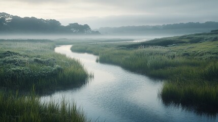 Fototapeta premium Serene Mist-Shrouded River in a Verdant Marsh