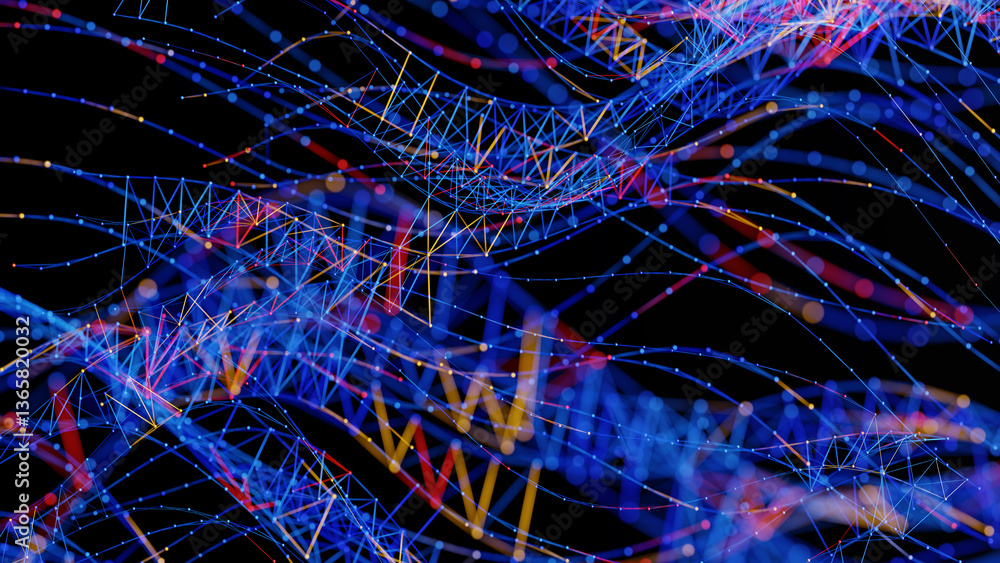 Poster vibrant digital waves of abstract lines and connected points surge across a tech background, illustr