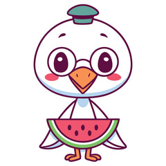 Cartoon Bird with Watermelon Slice, Quirky Glasses, and Hat on Transparent Background