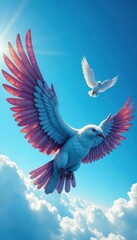 Obraz premium Wings in various colors and shapes spread wide against a bright blue sky , sky, landscape