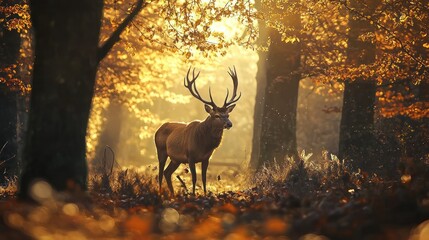 Majestic stag walking through golden autumn forest with sunlight