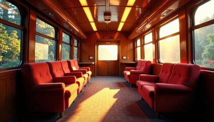 Fototapeta premium Sunlit train compartment, deep armchairs, expansive windows, railroad, carriage