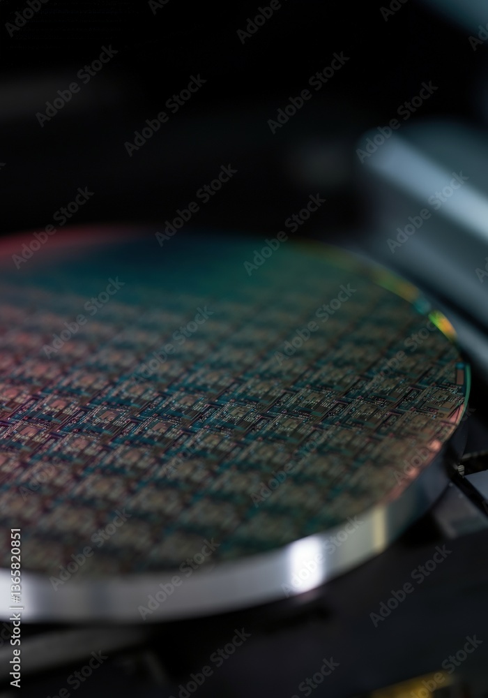 Poster close-up of a semiconductor wafer showcasing intricate patterns and textures