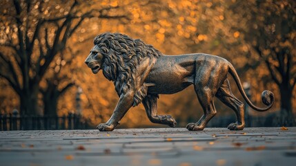 Majestic Bronze Lion Sculpture in Autumn Park Setting