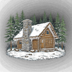 Cozy Winter Cabin in Snowy Forest, Illustrated winter cabin scene, perfect for holiday cards or winter themed designs.