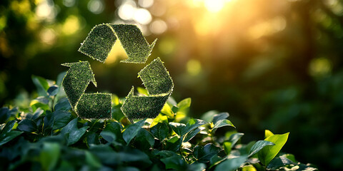 Green recycling symbol amidst lush leaves with sunlight  